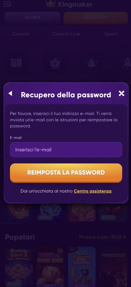 Recupero password Kingmaker Casino