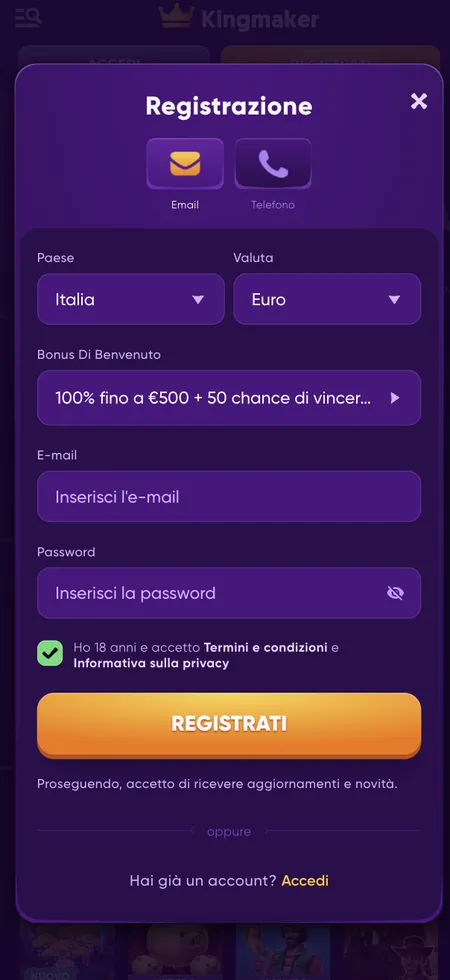 Modulo di registrazione Kingmaker con bonus attivo